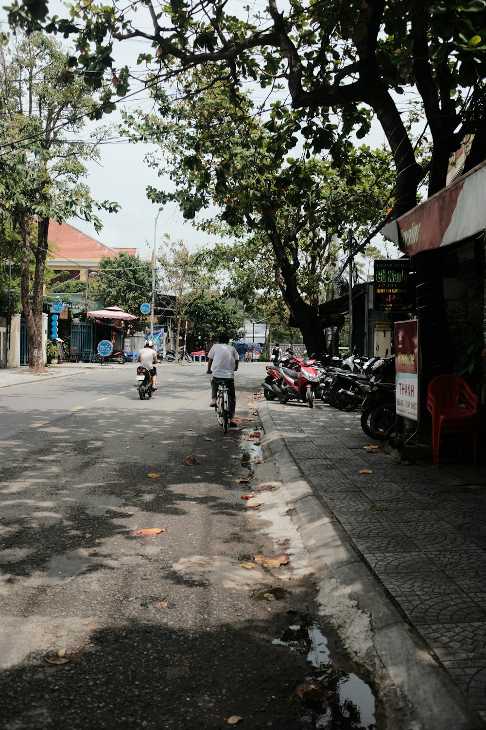 Ein Mann, der mit einem Motorrad eine Straße neben Bäumen entlangfährt