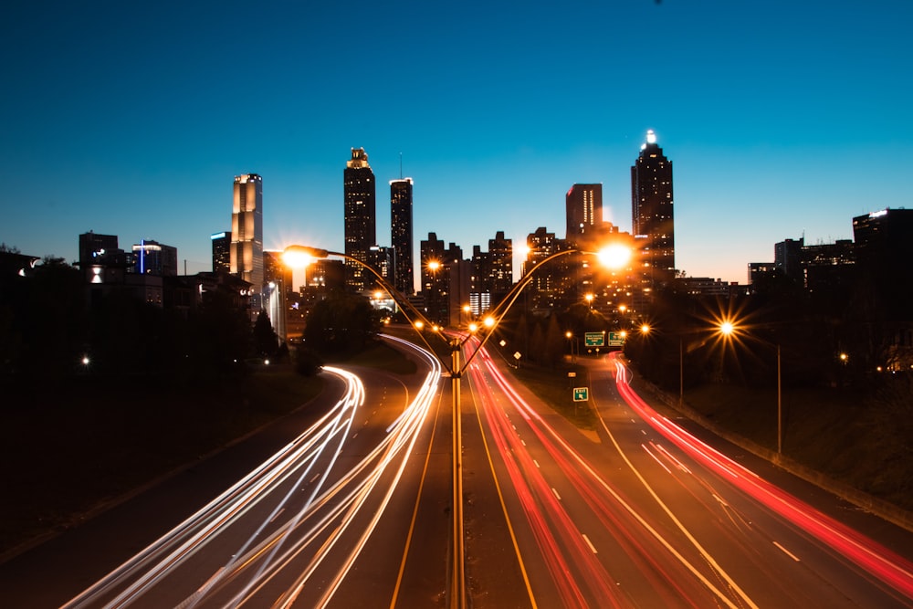 a city skyline at night with long exposure