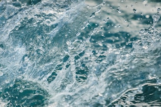 A close-up view of splashing water droplets, creating a dynamic and refreshing scene. The water appears in motion, with droplets suspended mid-air against a blurred aquatic background.