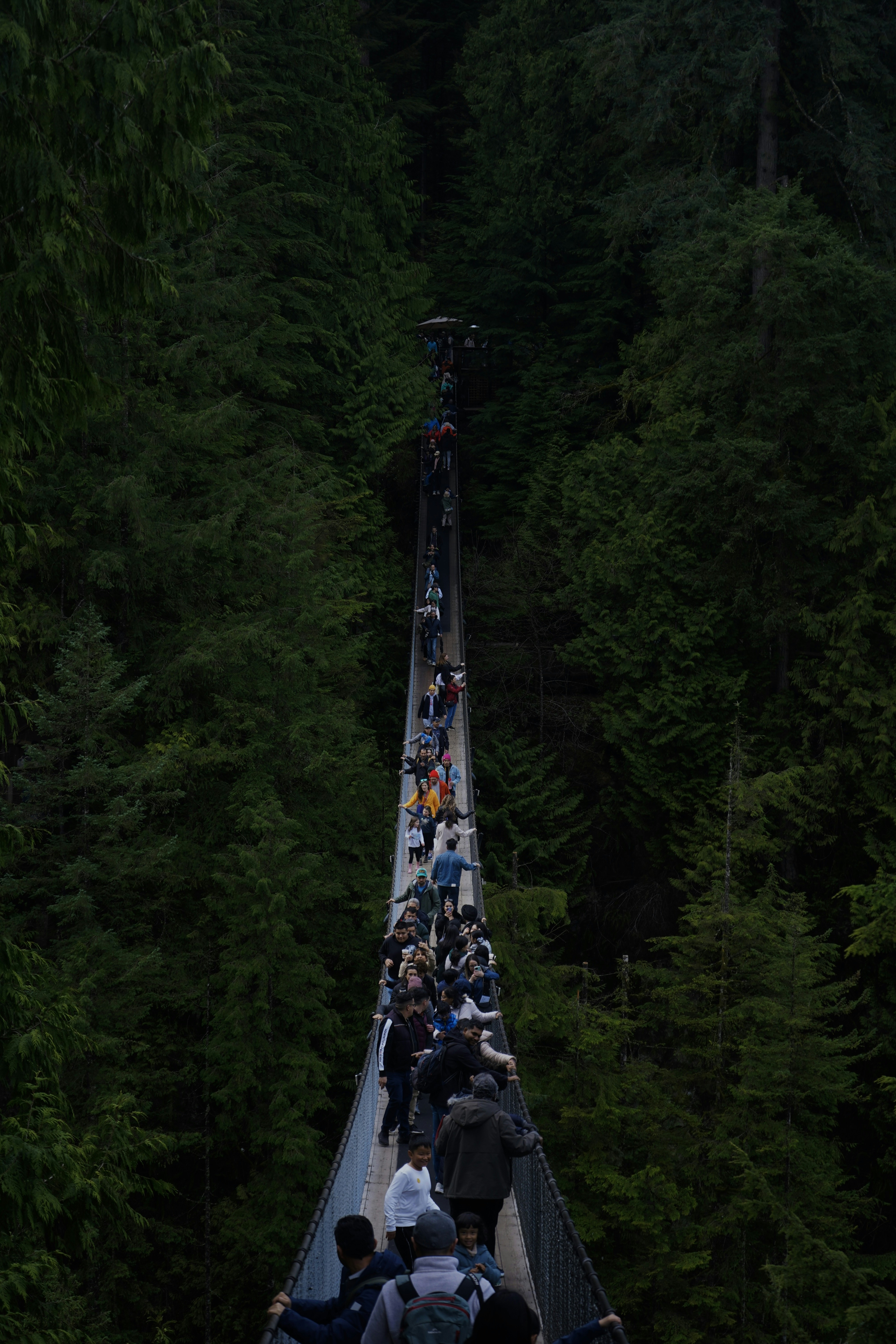 a group of people walking across a suspension bridge
