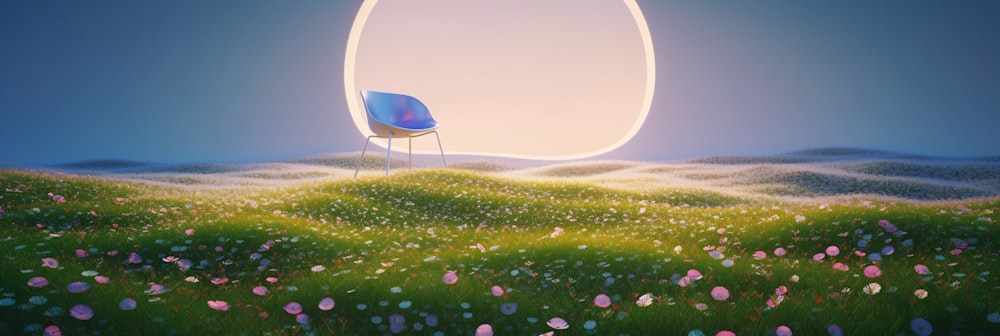 Un dipinto di una sedia in un campo di fiori