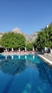 A tranquil pool area surrounded by lush greenery and sun loungers.