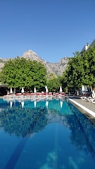 A tranquil pool area surrounded by lush greenery and sun loungers.