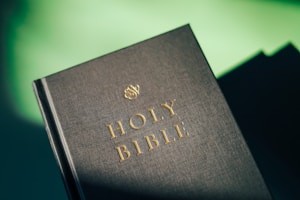 A close-up view of a hardcover book with the title 'Holy Bible' embossed in gold lettering on a textured black cover. The book is angled slightly with a soft green background.