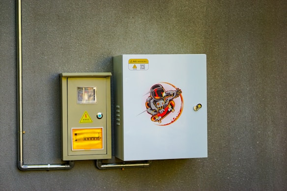An electrical control panel is mounted on a textured gray wall. The panel consists of two units: one is a smaller beige box with a window displaying internal components, and a warning sign with Chinese characters and a lightning bolt symbol. The other box is larger, white, and features an illustration of a cartoon character wearing a helmet and armor, riding a skateboard in a dynamic pose.