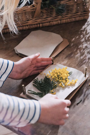Hands carefully assembling a botanical STEM kit with precision tools.