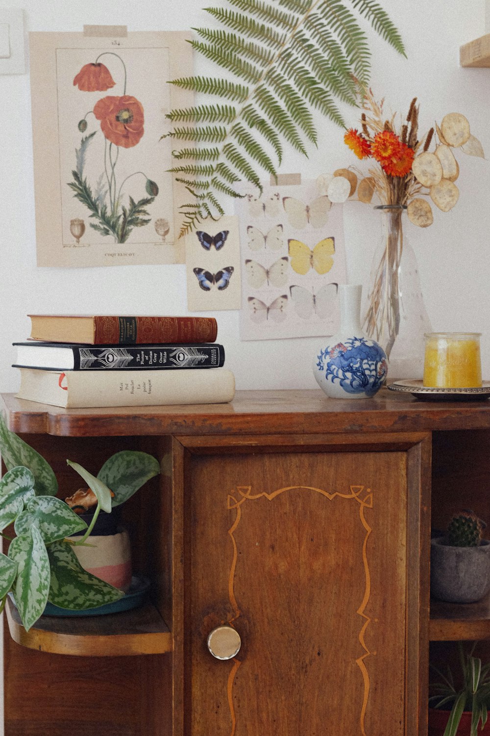 a wooden cabinet with books and plants on top of it