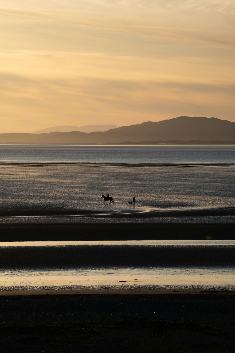 a couple of people riding horses on top of a beach