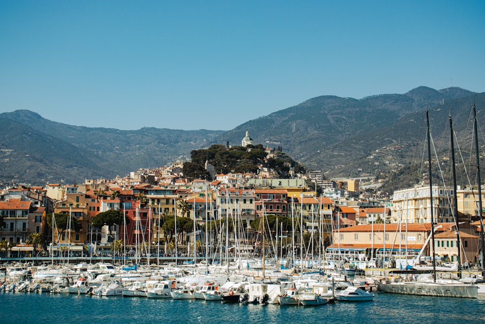 a harbor filled with lots of boats next to a city