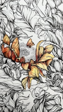 Intricate line art featuring detailed botanical elements, with swirling leaves and abstract floral shapes. A central colorful flower-like figure contrasts against the monochrome background, displaying shades of orange and yellow.