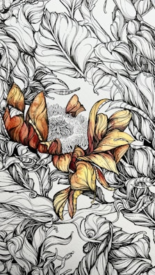 Intricate line art featuring detailed botanical elements, with swirling leaves and abstract floral shapes. A central colorful flower-like figure contrasts against the monochrome background, displaying shades of orange and yellow.