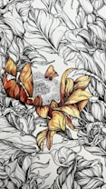 Intricate line art featuring detailed botanical elements, with swirling leaves and abstract floral shapes. A central colorful flower-like figure contrasts against the monochrome background, displaying shades of orange and yellow.