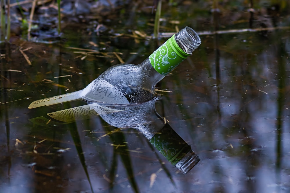 a bottle that is sitting in the water