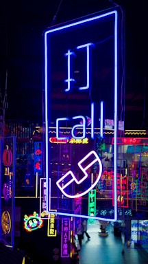 A vibrant graphic showcasing contact options with neon accents.