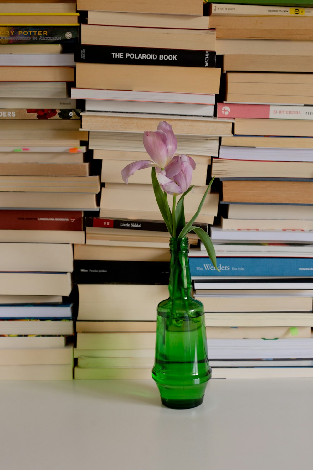 a green vase with a flower in front of a stack of books