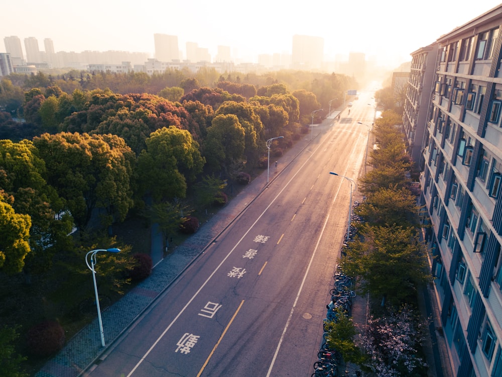 an aerial view of an empty street in a city