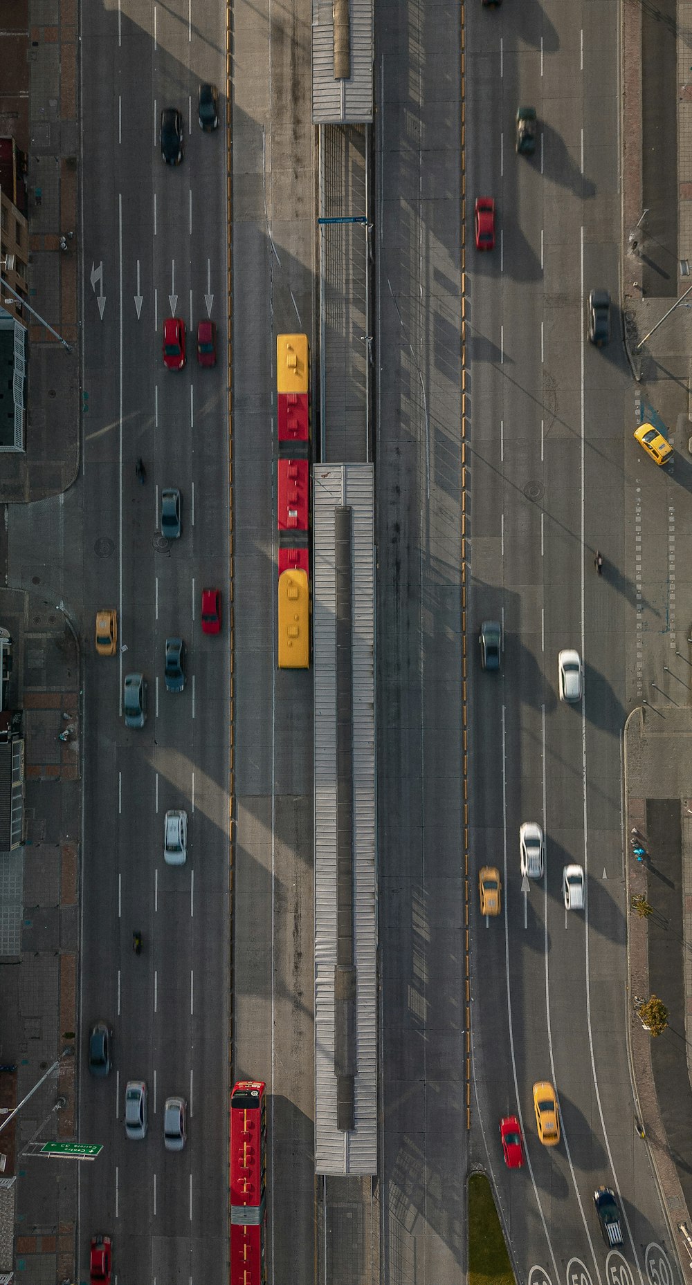 an overhead view of a busy city street
