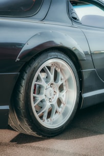 Shiny custom alloy wheels on a sports car parked on a city street.