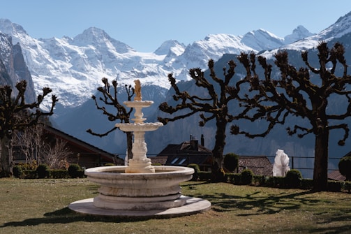 A beautiful landscape featuring a snow-capped mountain range in the background, with a well-maintained garden in the foreground. The garden has a large decorative fountain as its centerpiece surrounded by neatly trimmed bushes and pruned trees with bare branches. A few traditional wooden houses are visible in the middle ground, adding a quaint charm to the scene.