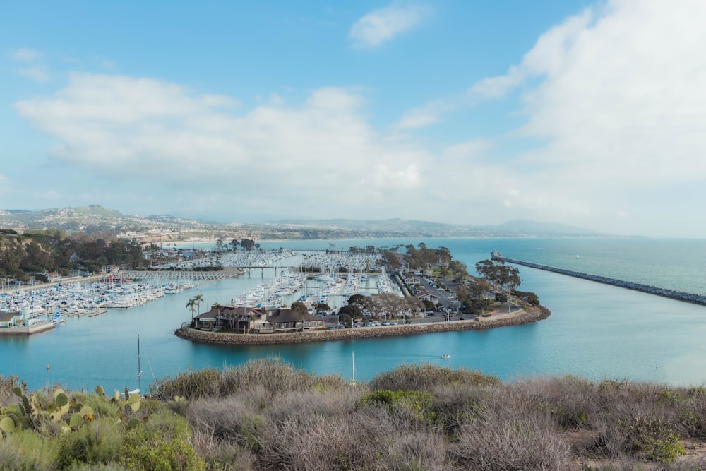 a view of a marina with boats in the water