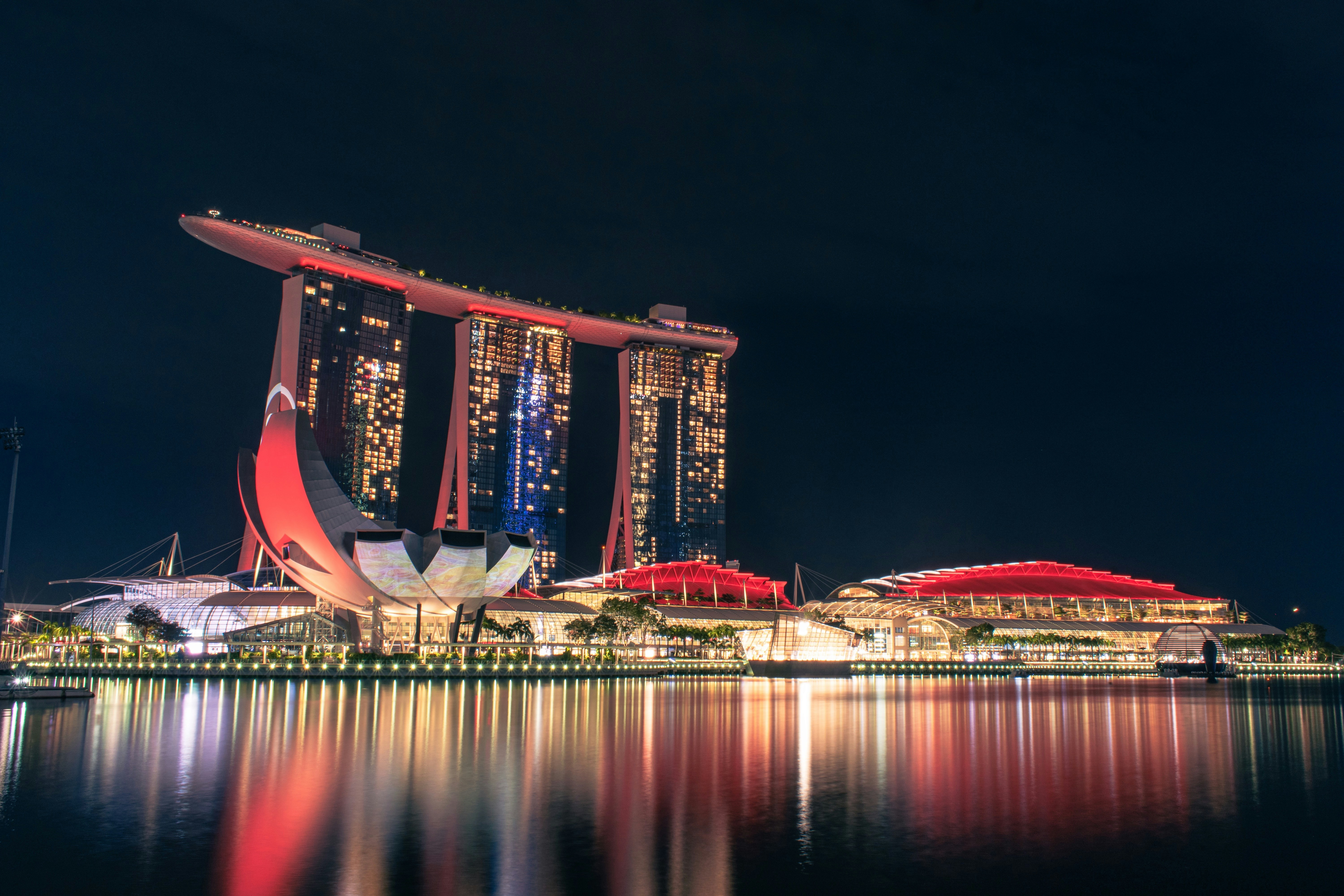 The Marina Bay Sands Hotel in Singapore at night, across Marina Bay.