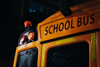 a close up of a school bus at night