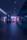 A dimly lit hallway leads to an illuminated store entrance with a person standing at the door. The ambiance presents a futuristic, neon-lit environment with soft bluish-purple hues. The store is stocked with various products, visible through the glass windows.