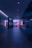 A dimly lit hallway leads to an illuminated store entrance with a person standing at the door. The ambiance presents a futuristic, neon-lit environment with soft bluish-purple hues. The store is stocked with various products, visible through the glass windows.