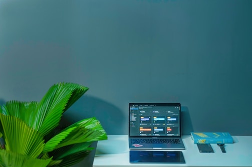 A minimalist workspace featuring a laptop displaying an organizational application. The desk also holds a smartphone, a book titled 'PRINT', and a watch. On the left side, there is a vibrant green plant, contrasting against the soothing teal background.