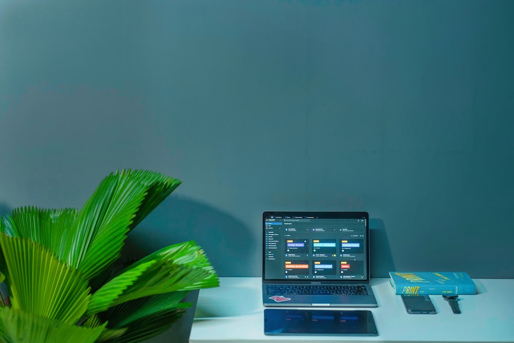 a laptop computer sitting on top of a desk next to a plant