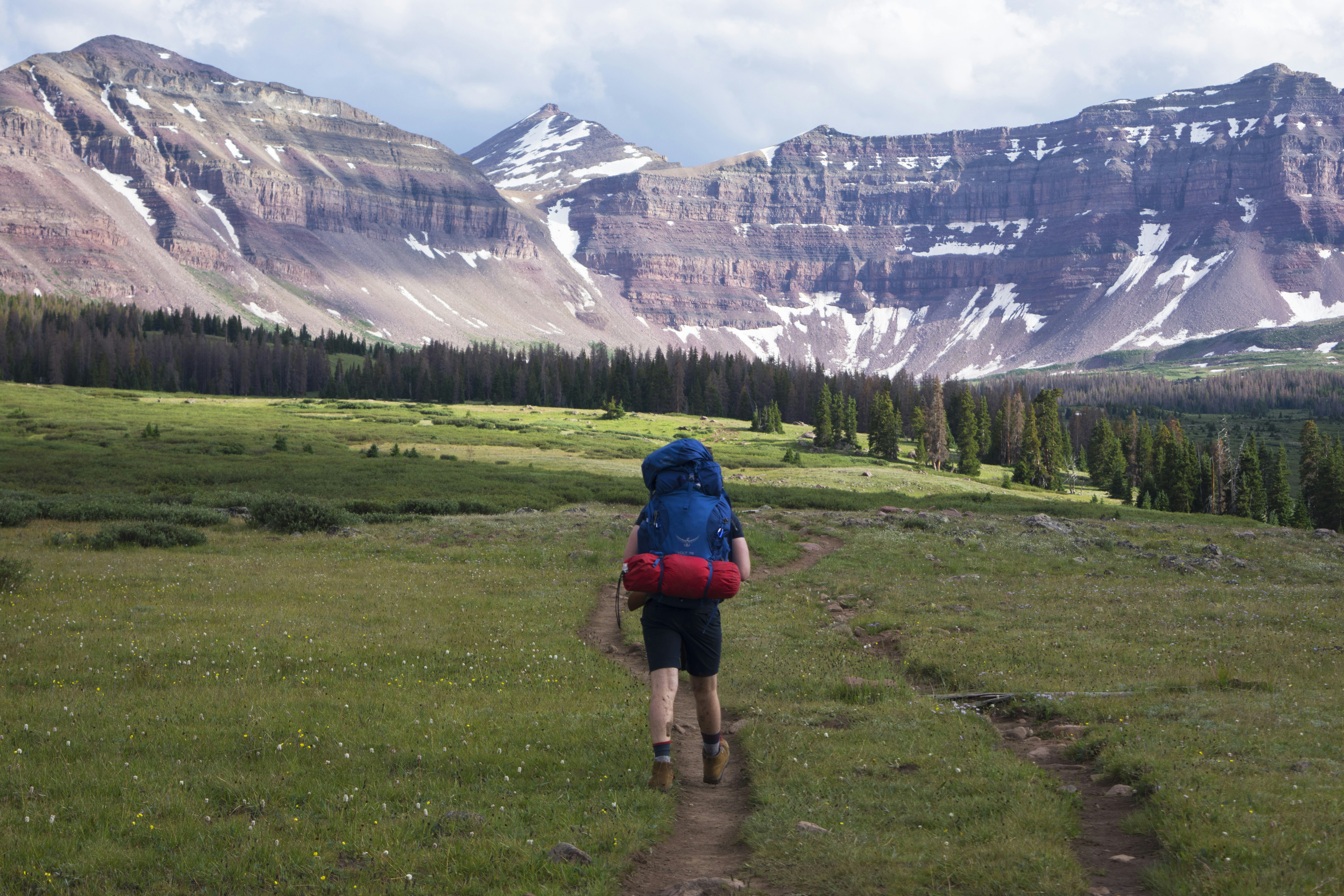 a person walking up a trail in the mountains