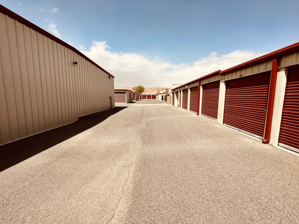 a row of storage units with closed doors