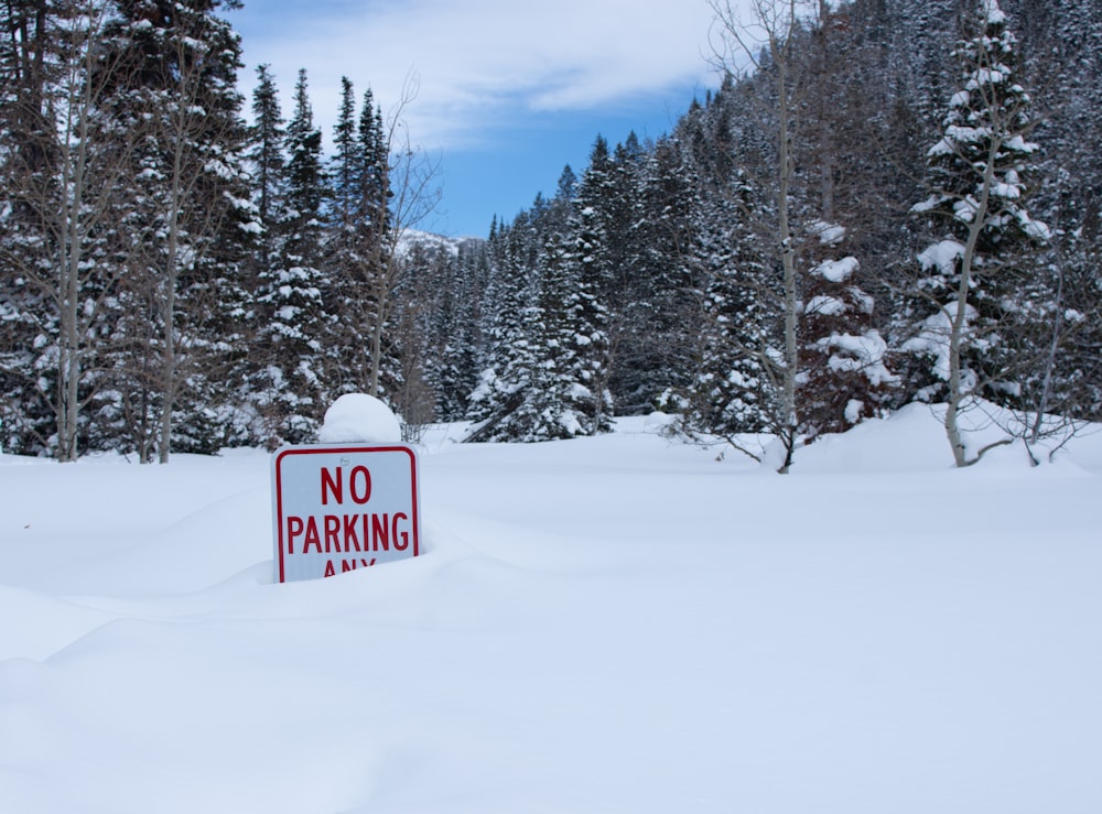 a red no parking sign sitting in the middle of a snow covered forest