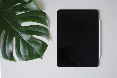 a cell phone sitting on top of a table next to a green leaf