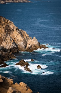 a large body of water next to a rocky shore
