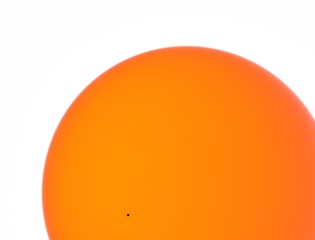 A large, bright orange circle dominates the image against a white background. A small black dot is visible near the bottom edge of the circle.