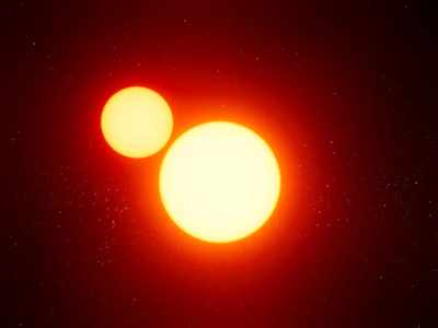 A bright, modern illustration of celestial bodies and astrological symbols glowing in yellow and red hues