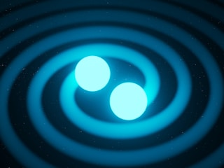 Two glowing blue spheres are positioned centrally, surrounded by circular ripples expanding outward on a dark background. The image has a cosmic or scientific theme, possibly representing gravitational waves or a similar astronomical phenomenon.