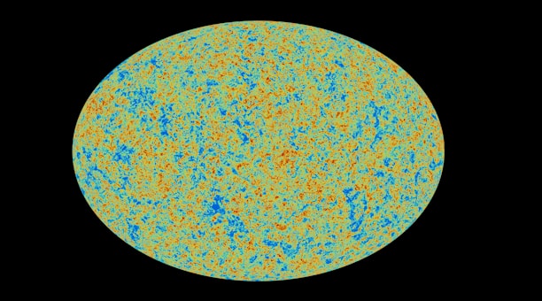 A large, elliptical, multicolored pattern with intricate blue, orange, and green textures on a black background, resembling a cosmic or astronomical map.