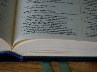An open book displaying a page with text in columns. The paper appears slightly yellowed, indicating age, and there is a green bookmark ribbon visible at the bottom.
