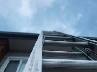 A sleek expandable aluminium ladder extended to full height outdoors on a sunny day.