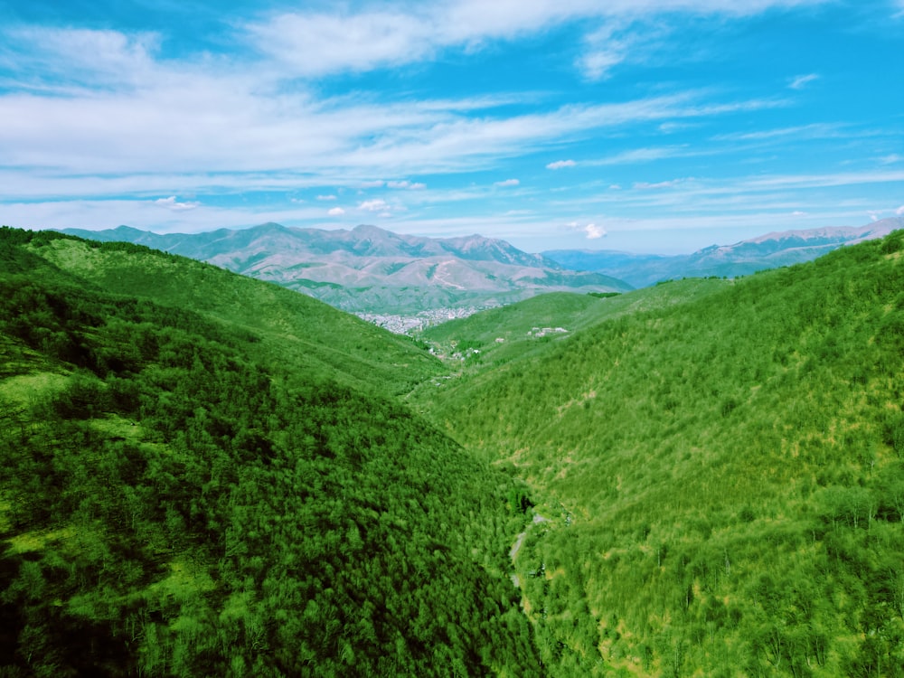 a view of a valley with mountains in the background