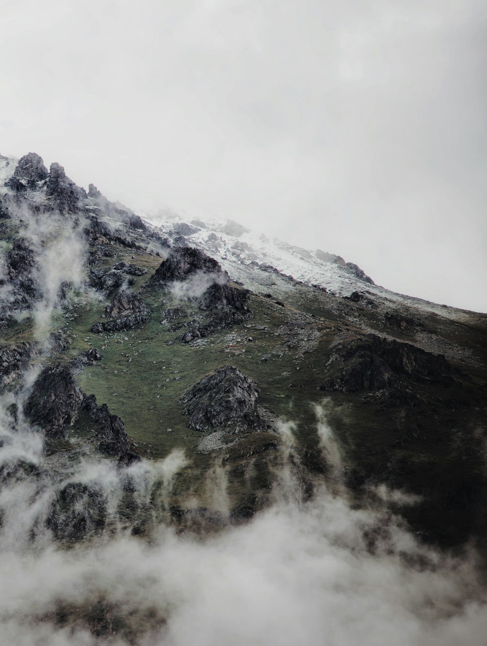 a mountain covered in clouds and snow on a cloudy day