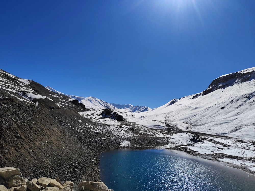 a mountain lake surrounded by snow covered mountains