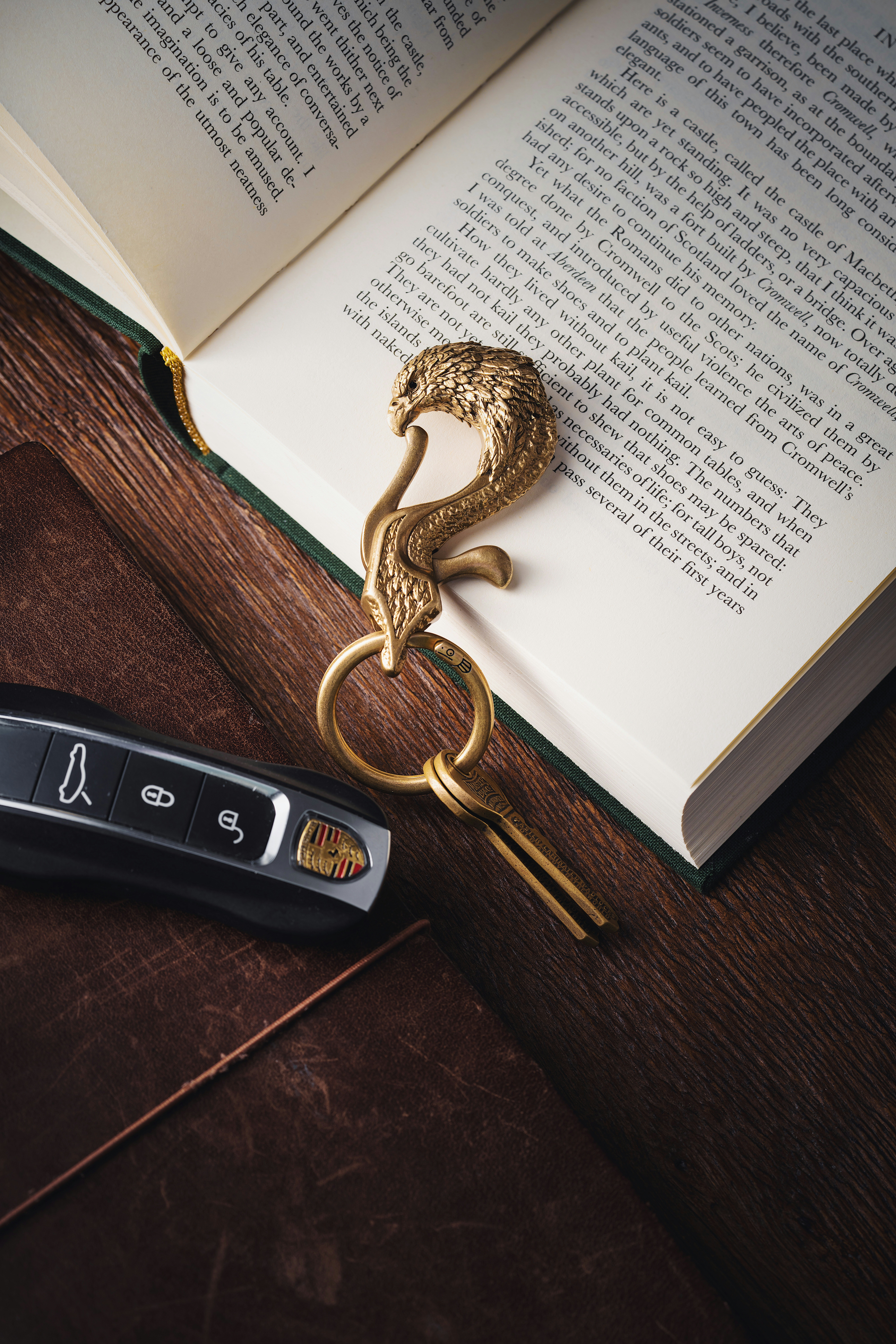 a book and a keychain on a table