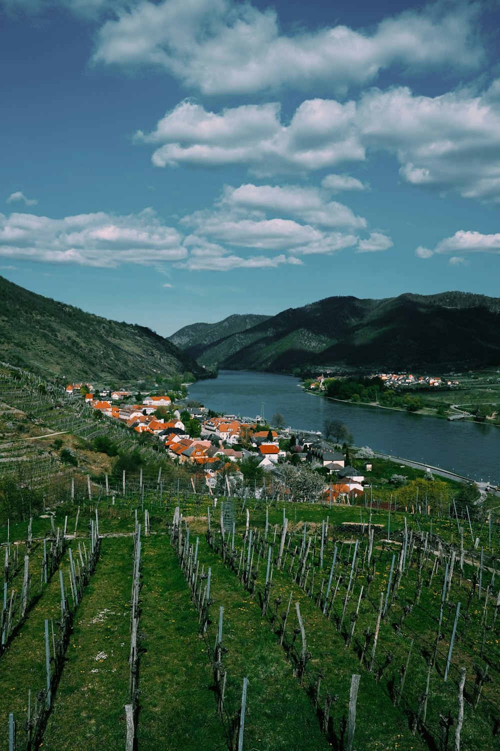 a scenic view of a small town and a river