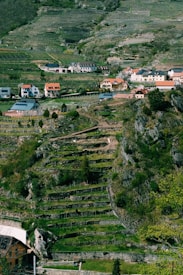 A picturesque landscape with terraced hillsides covered in lush greenery and small vineyards. Scattered houses with red and dark roofs are nestled among the fields, surrounded by rocky terrain and natural vegetation. The arrangement of terraces creates patterns across the slopes, indicative of agricultural practices.