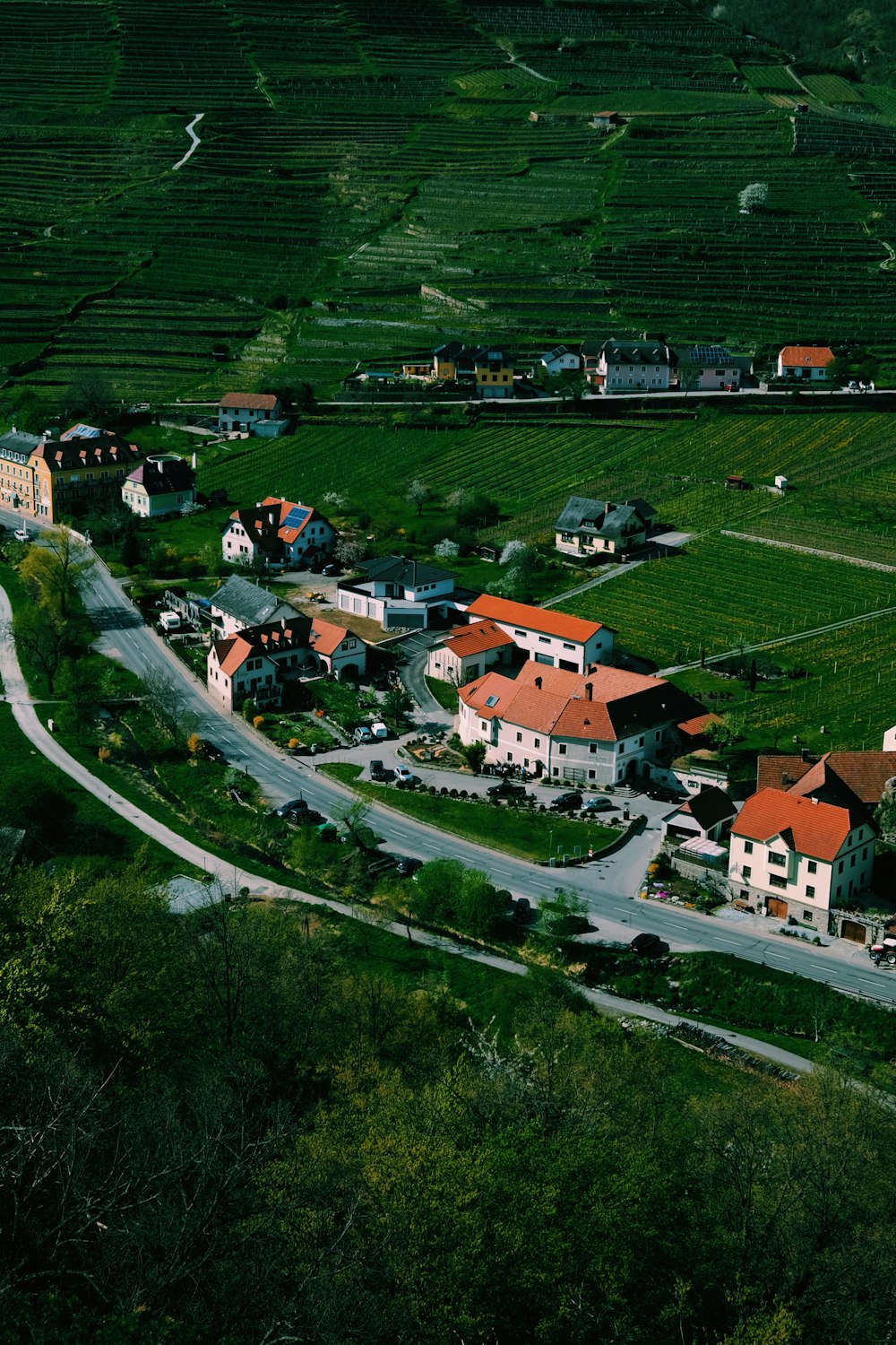 an aerial view of a small village in the countryside