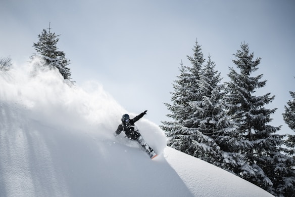 A snowboarder carves through fresh powder on a snowy slope, surrounded by snow-covered evergreen trees under a clear blue sky. The action creates a spray of snow, capturing the fluid motion of the descent.
