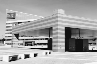 Bauhaus-inspired black and white shot of a sleek gas station canopy with sharp geometric lines